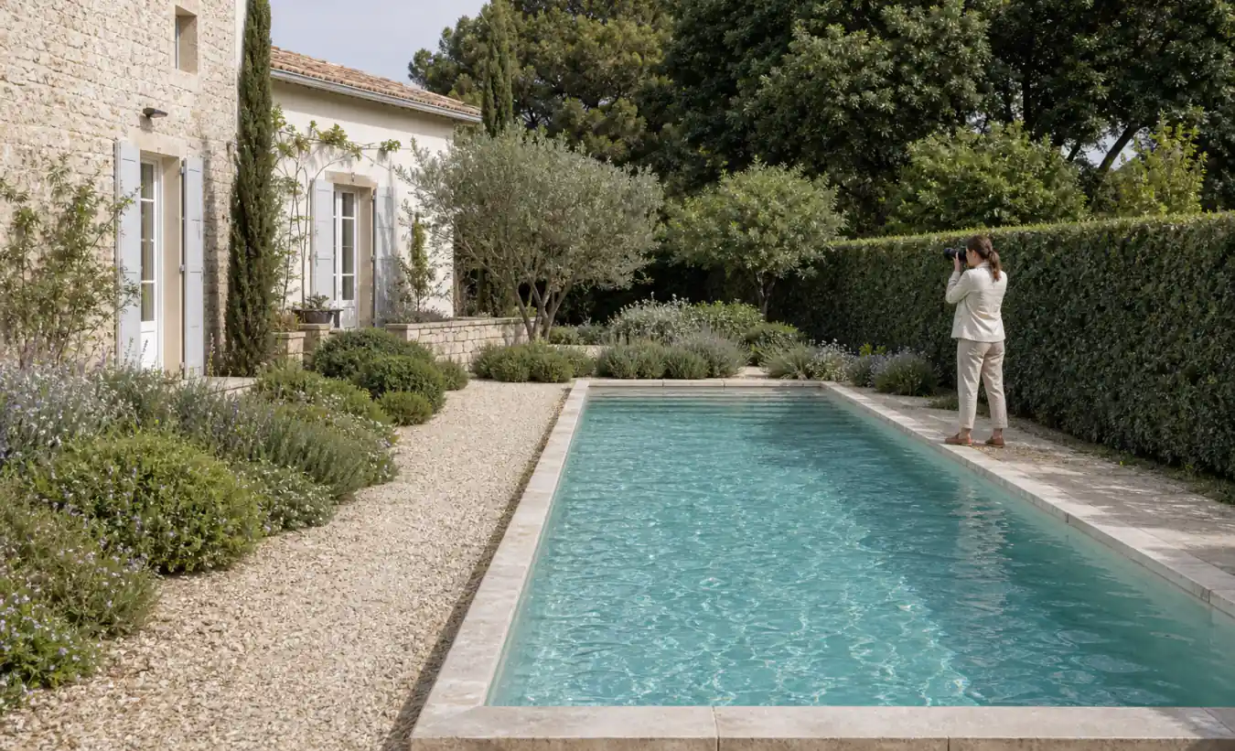 Une professionnelle photographie une piscine depuis le jardin d'une maison en pierre
