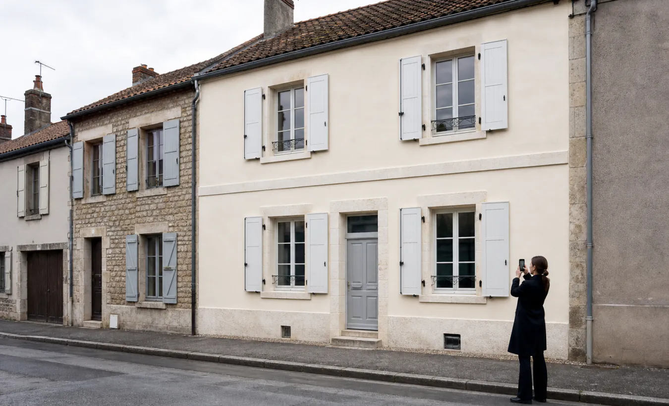 Une professionnelle photographie la façade rénovée d'une maison depuis le trottoir opposé