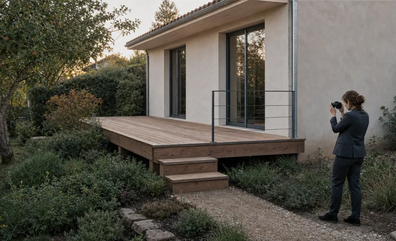 Une professionnelle photographie une terrasse en bois surélevée dans le jardin d'une maison française