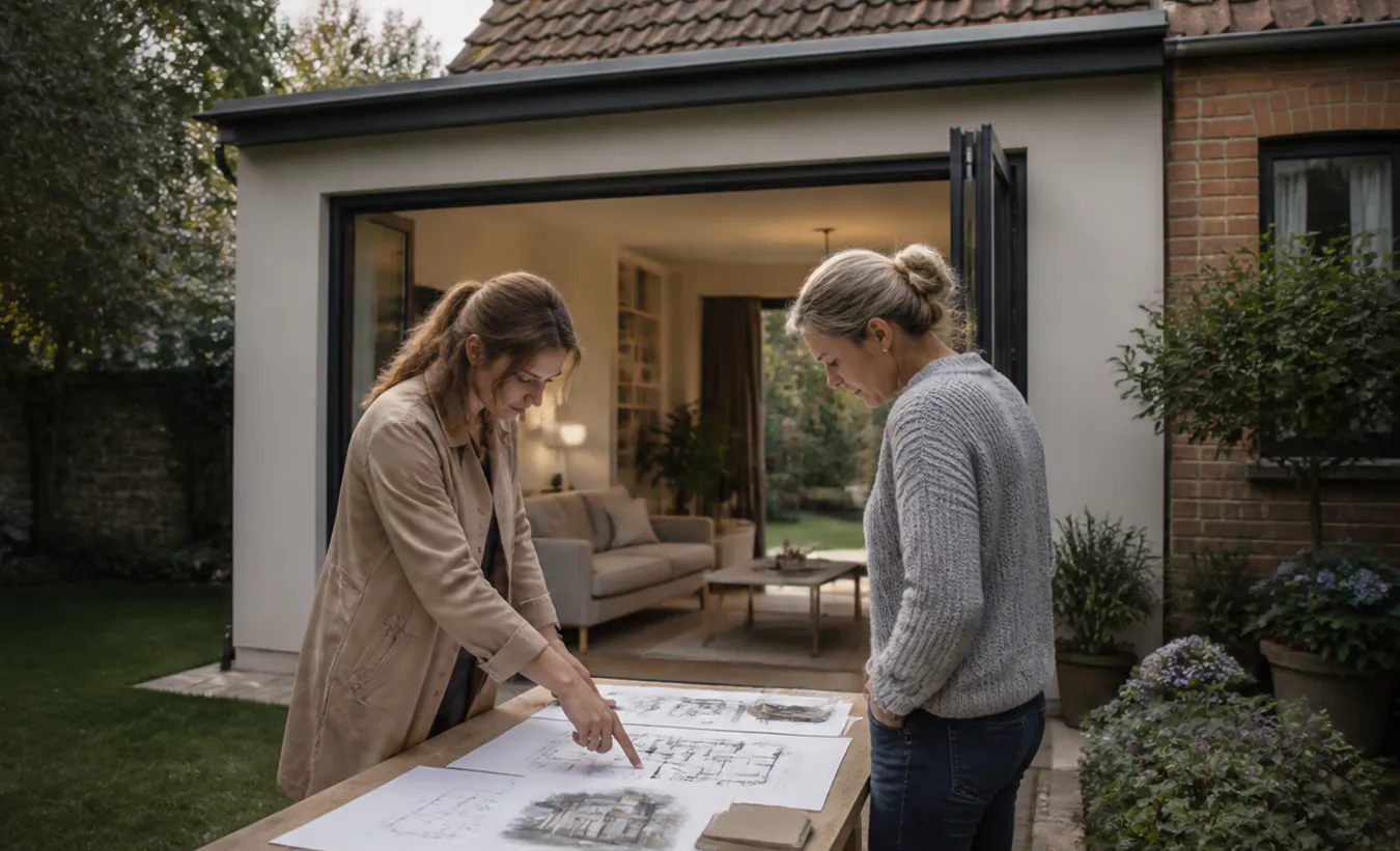 Une architecte et une propriétaire examinent la transformation d'un garage d'une maison du nord de la France au toit pentu